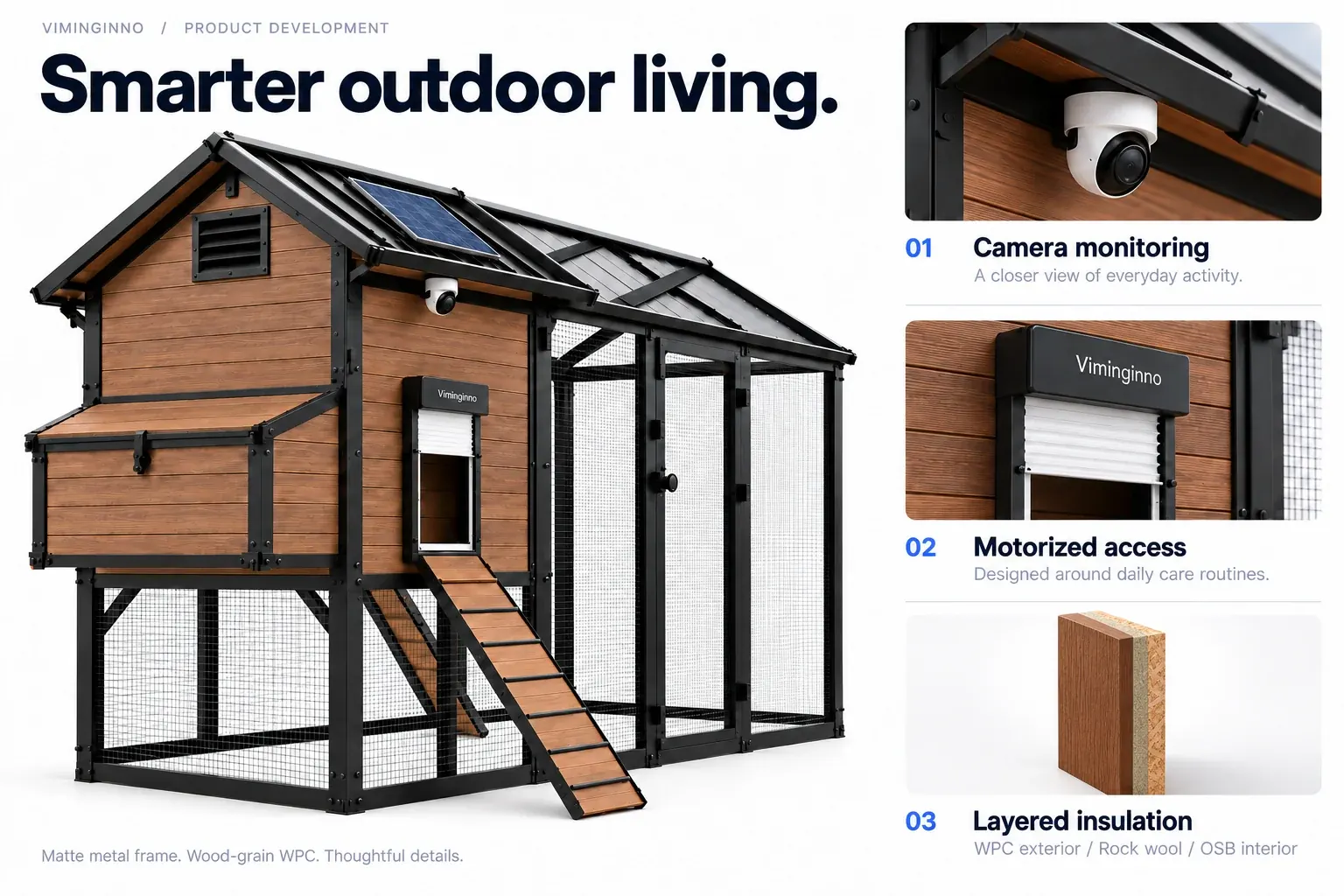 Outdoor coop with a metal frame, wood-grain panels, covered nesting area and enclosed mesh run