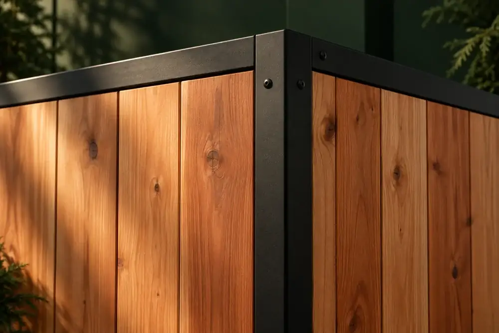 Cedar panels meeting a matte black metal frame