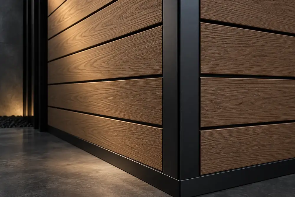 Wood-grain WPC panels joined to a dark metal frame