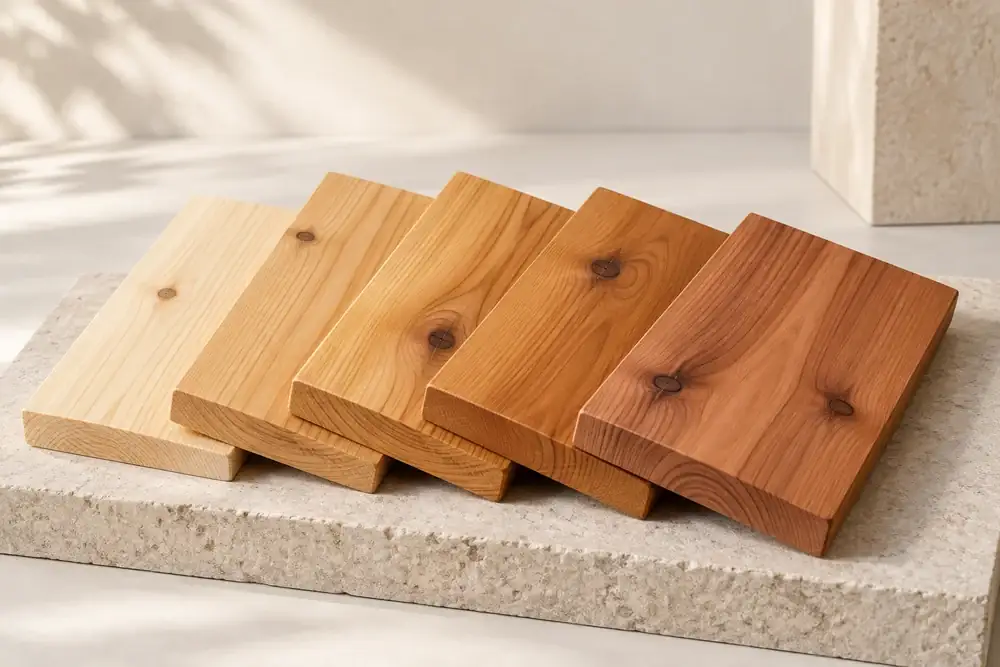 Natural wood finish samples in warm cedar tones