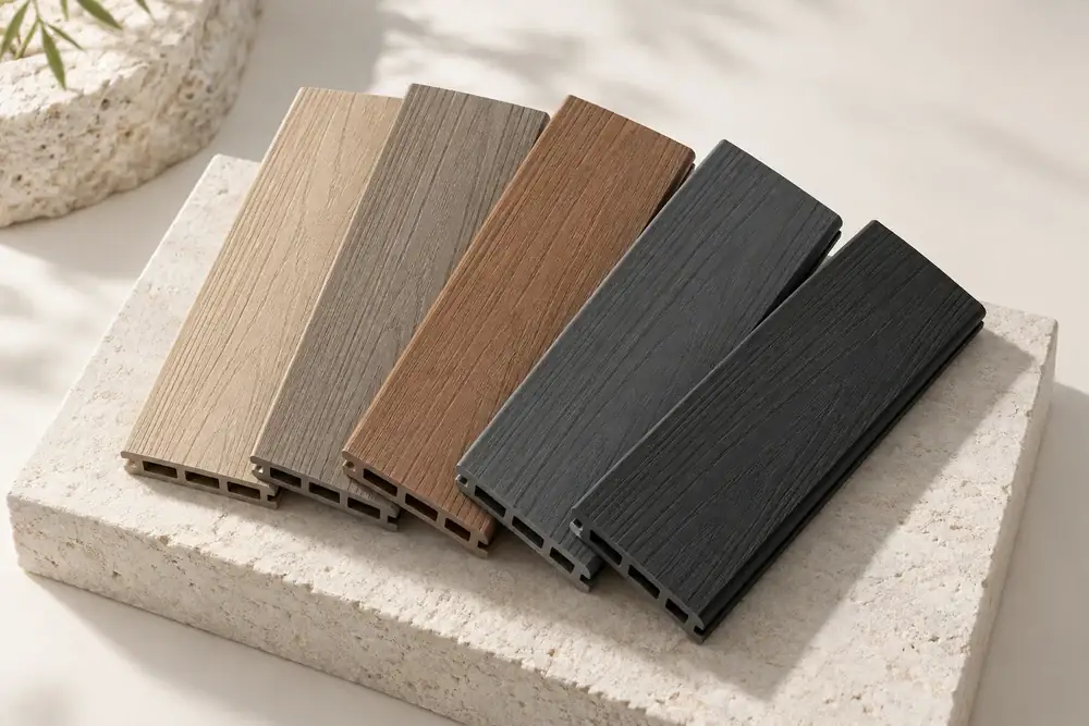 Wood-plastic composite finish samples in five colors